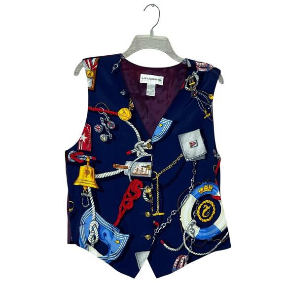 Vintage Liz Claiborne Collection Nautical Themed Gold Buttons Blue Vest Large - Picture 1 of 6